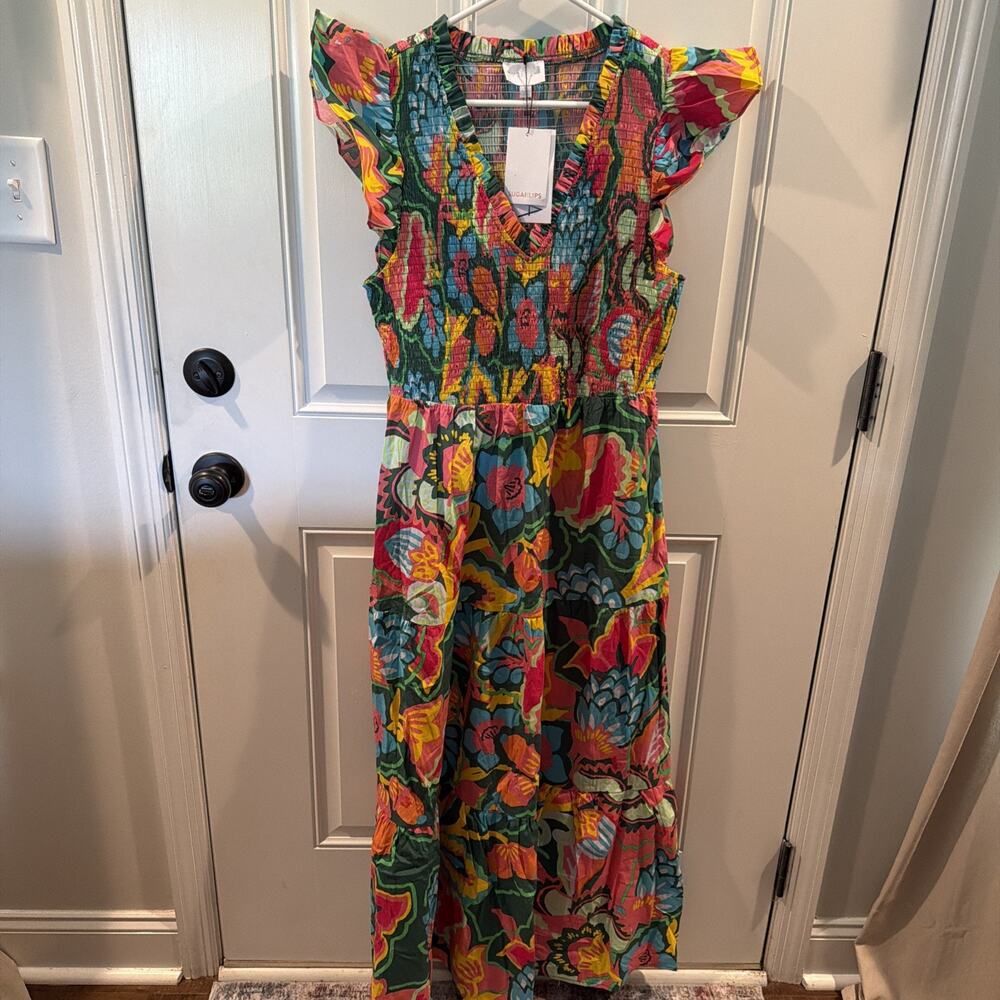 Sugarlips NWT L Maxi Dress Multicolor Floral Smocked Ruffle Flutter Short Sleeve - Picture 4 of 7